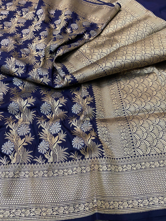 Pure Silk Banarasi Floral Stripe Saree