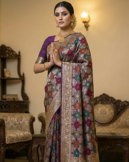 Banarasi Katan Silk Saree with Jangla Rangkaat Kadua Weave, Multicolour Design & Rich Zari Border