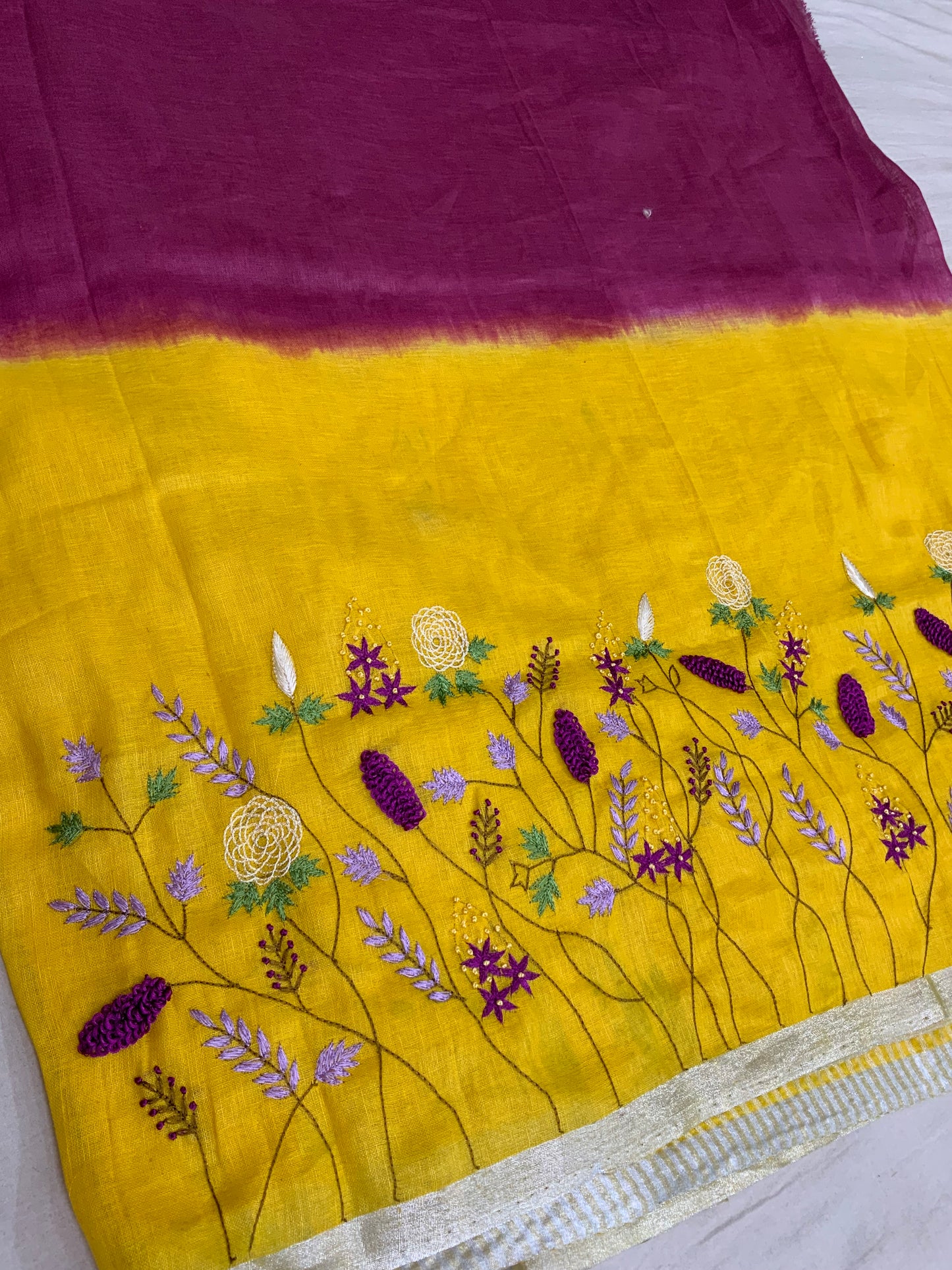 Linen Saree with Handwork Embroidery ( 2D Colour )