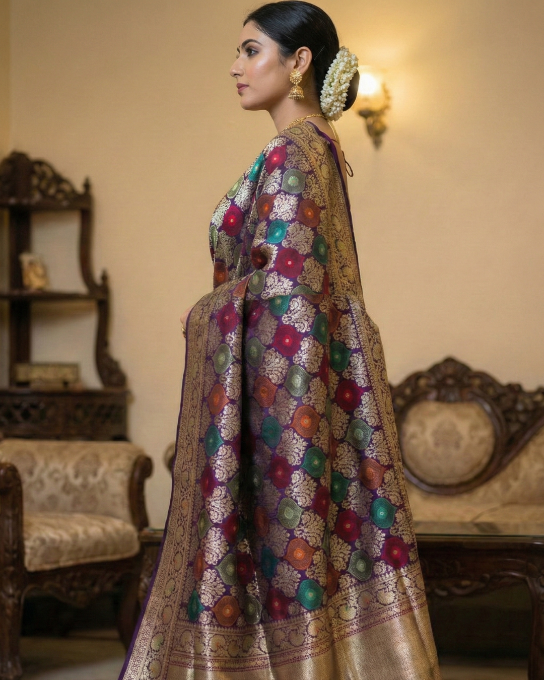 Banarasi Katan Silk Saree with Jangla Rangkaat Kadua Weave, Multicolour Design & Rich Zari Border