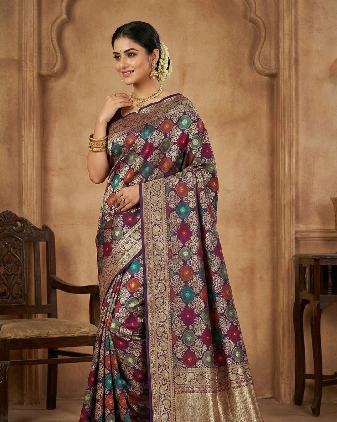 Banarasi Katan Silk Saree with Jangla Rangkaat Kadua Weave, Multicolour Design & Rich Zari Border