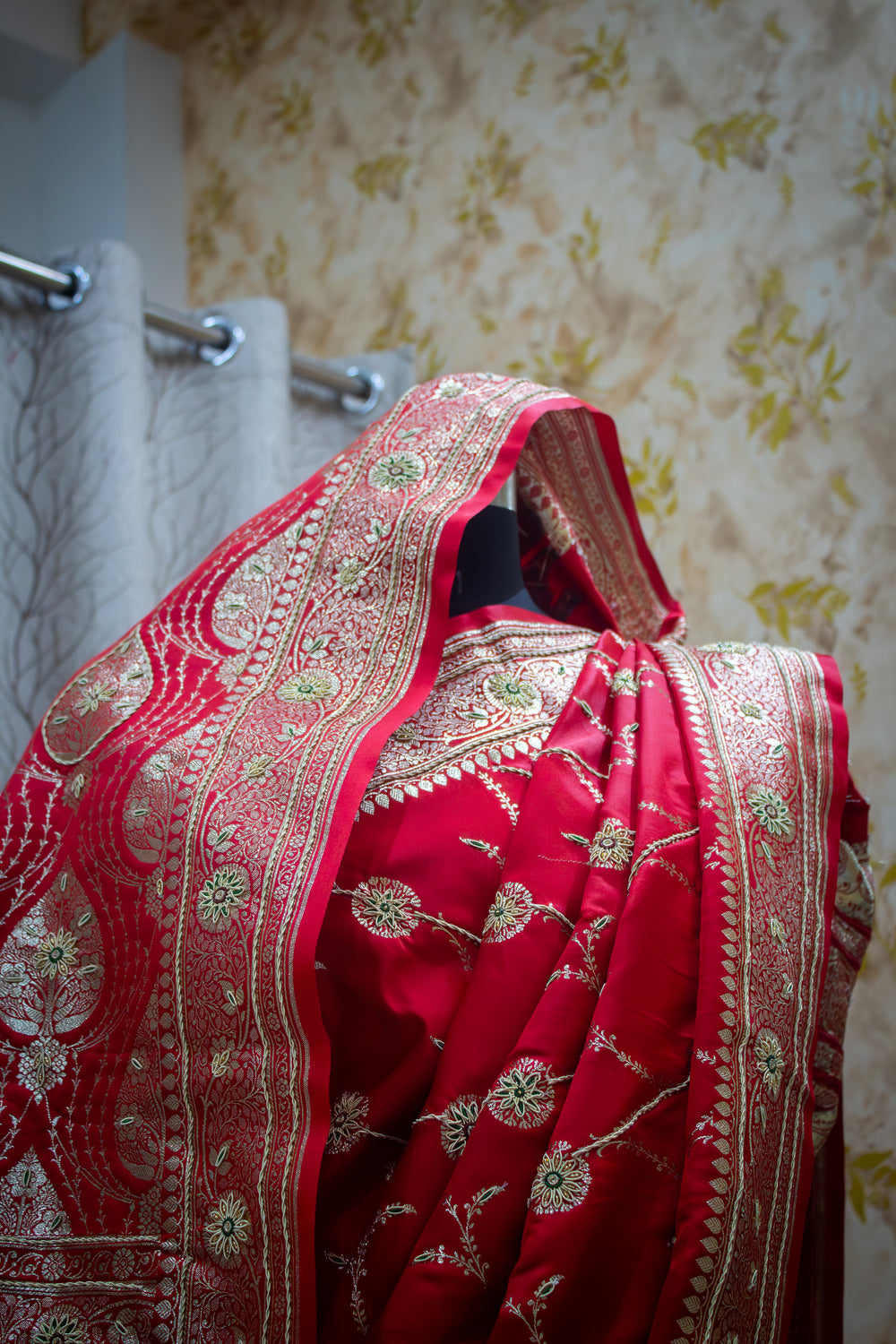 Royal Red Banarasi Mashru Saree – Bridal & Festive Wear