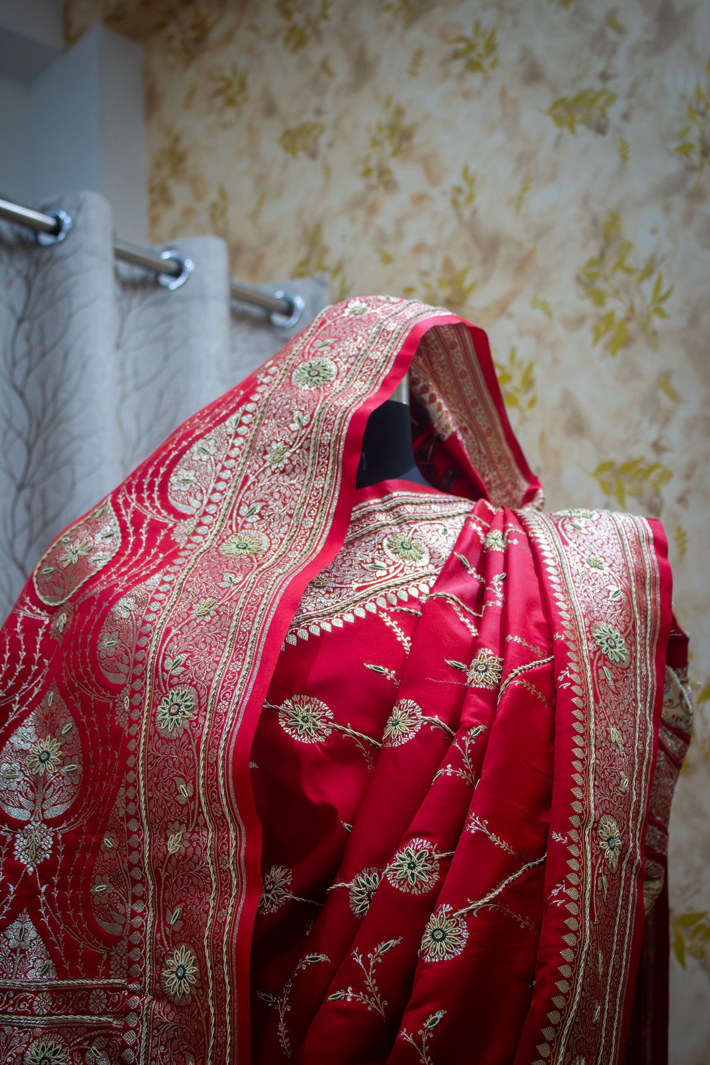 Royal Red Banarasi Mashru Saree – Bridal & Festive Wear