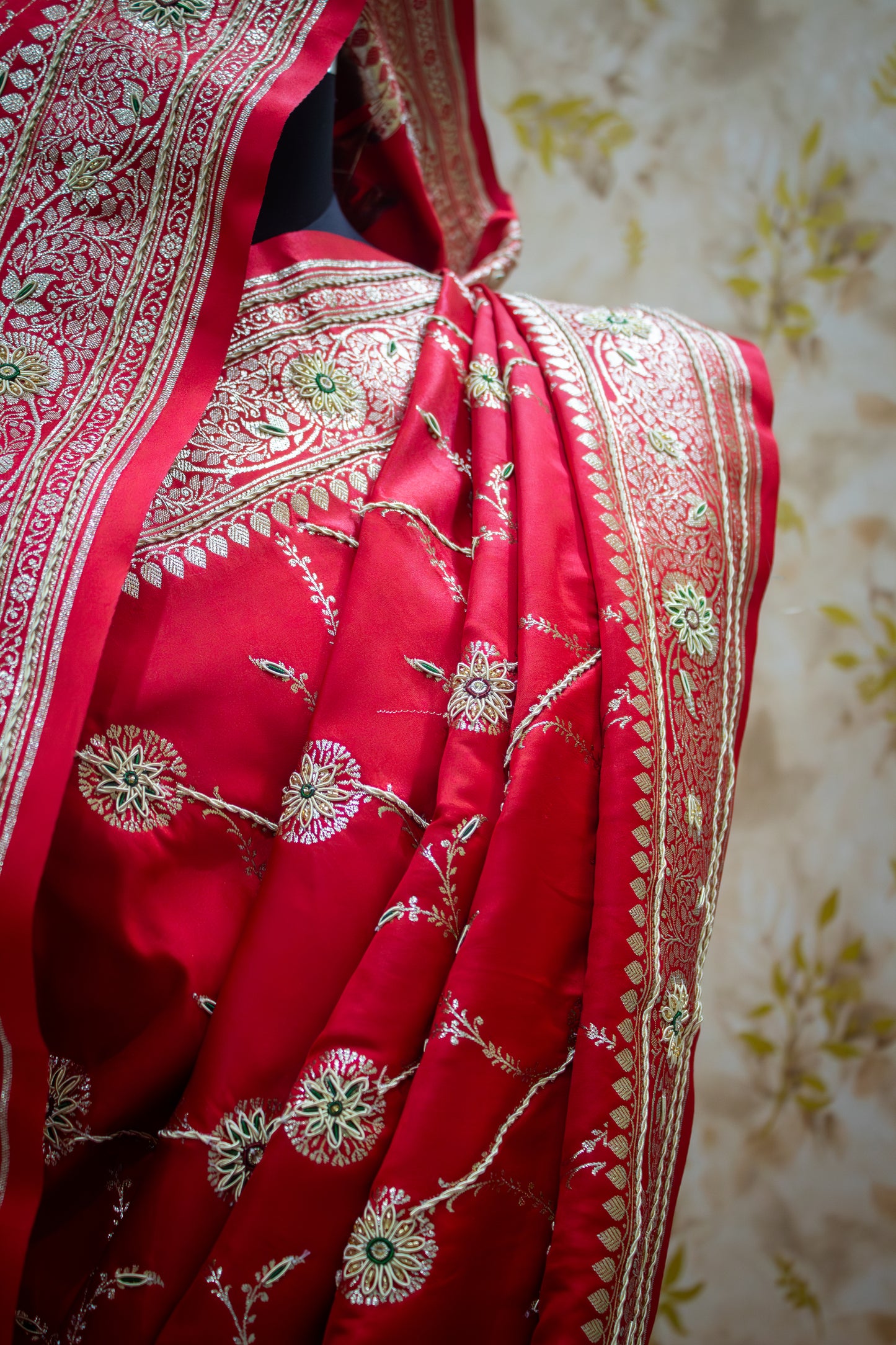 Royal Red Banarasi Mashru Saree – Bridal & Festive Wear