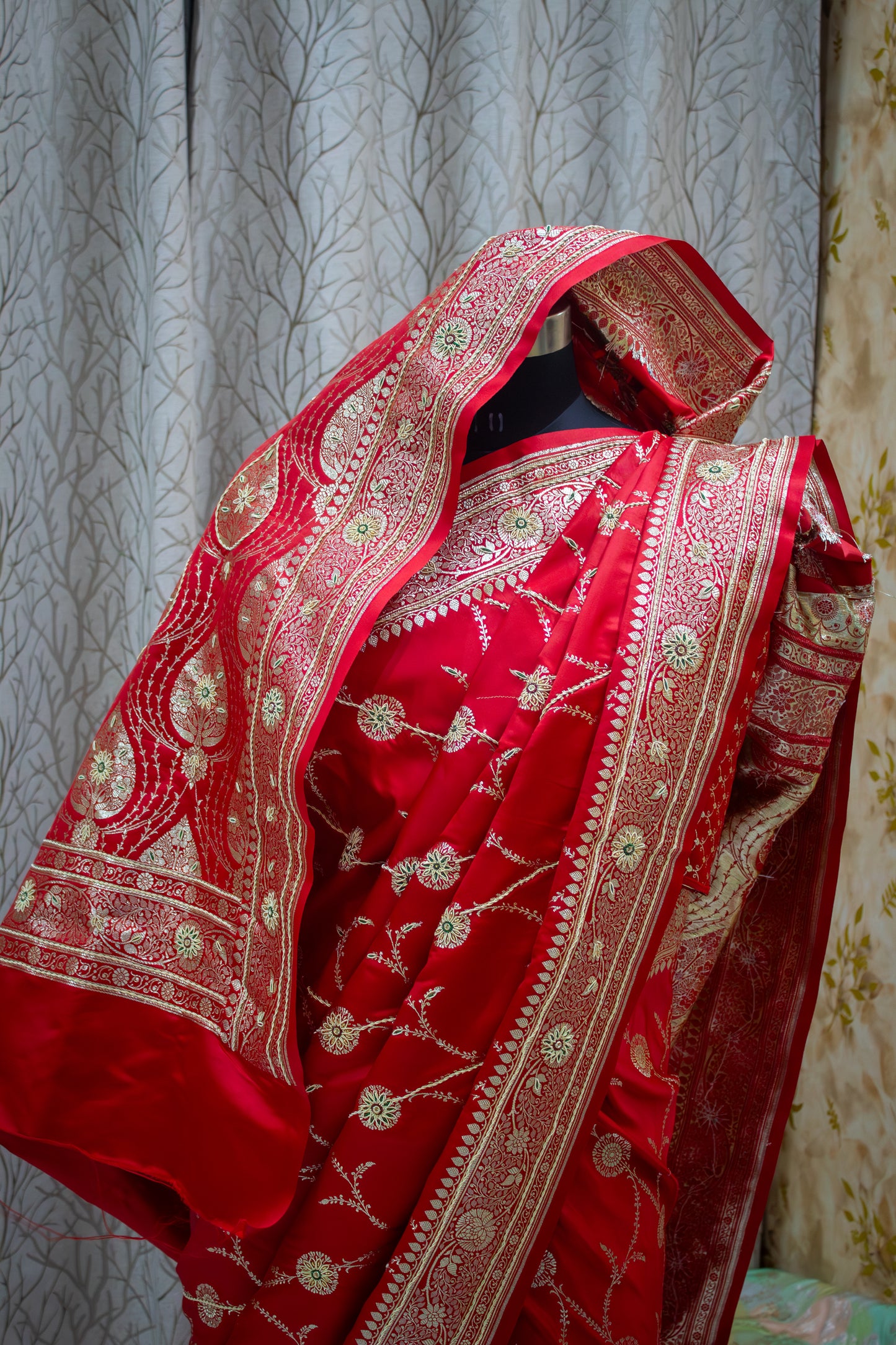 Royal Red Banarasi Mashru Saree – Bridal & Festive Wear