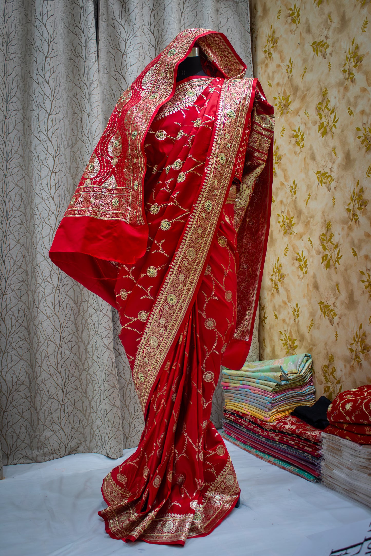 Royal Red Banarasi Mashru Saree – Bridal & Festive Wear