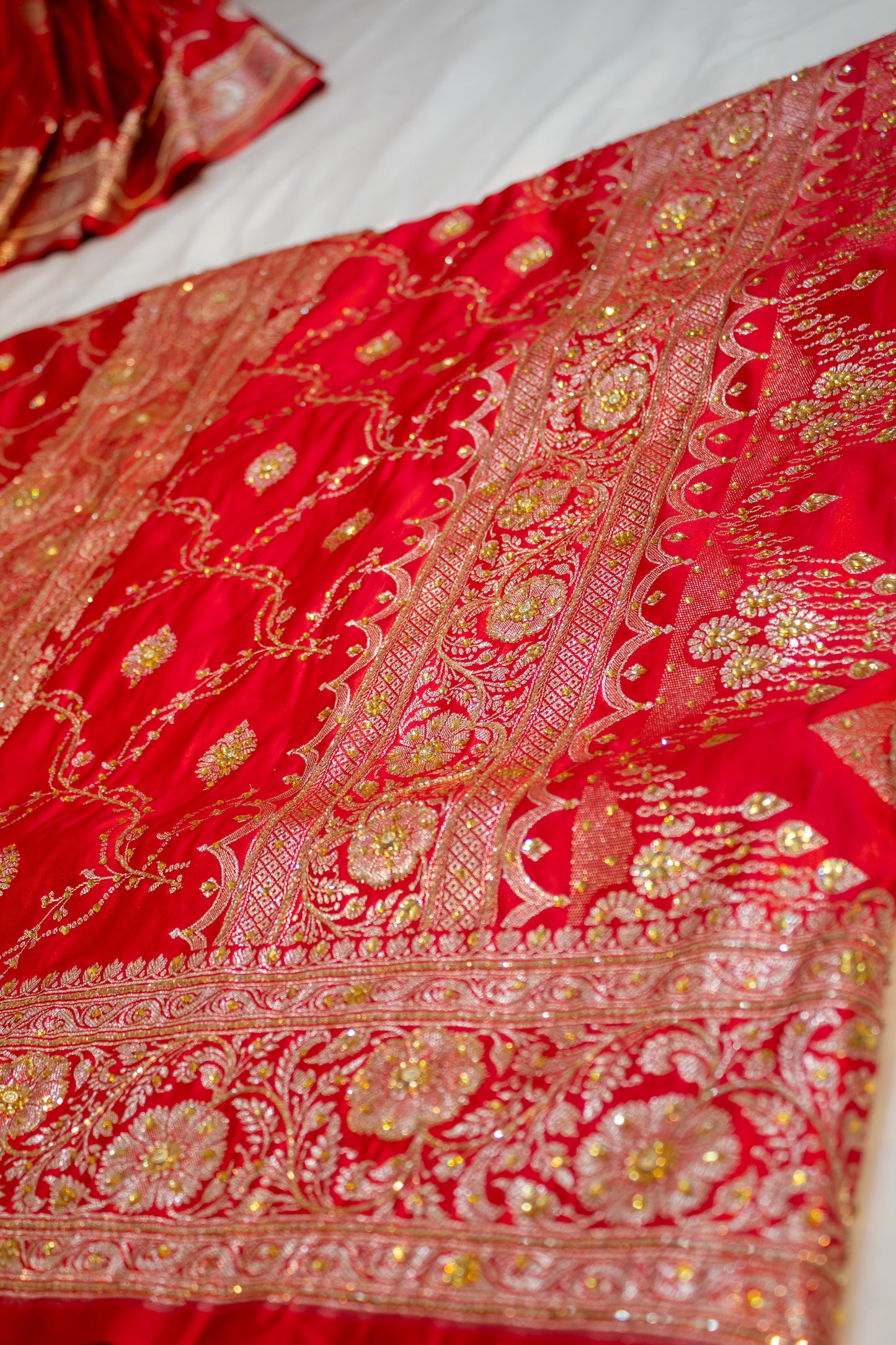 Royal Red Banarasi Mashru Saree – Bridal & Festive Wear
