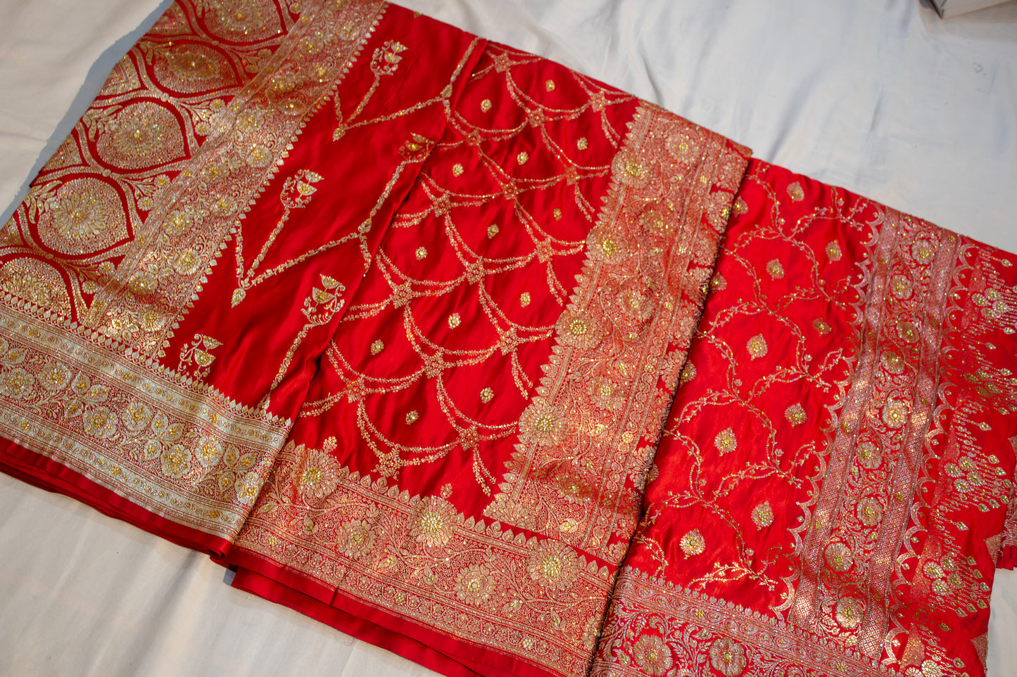 Royal Red Banarasi Mashru Saree – Bridal & Festive Wear