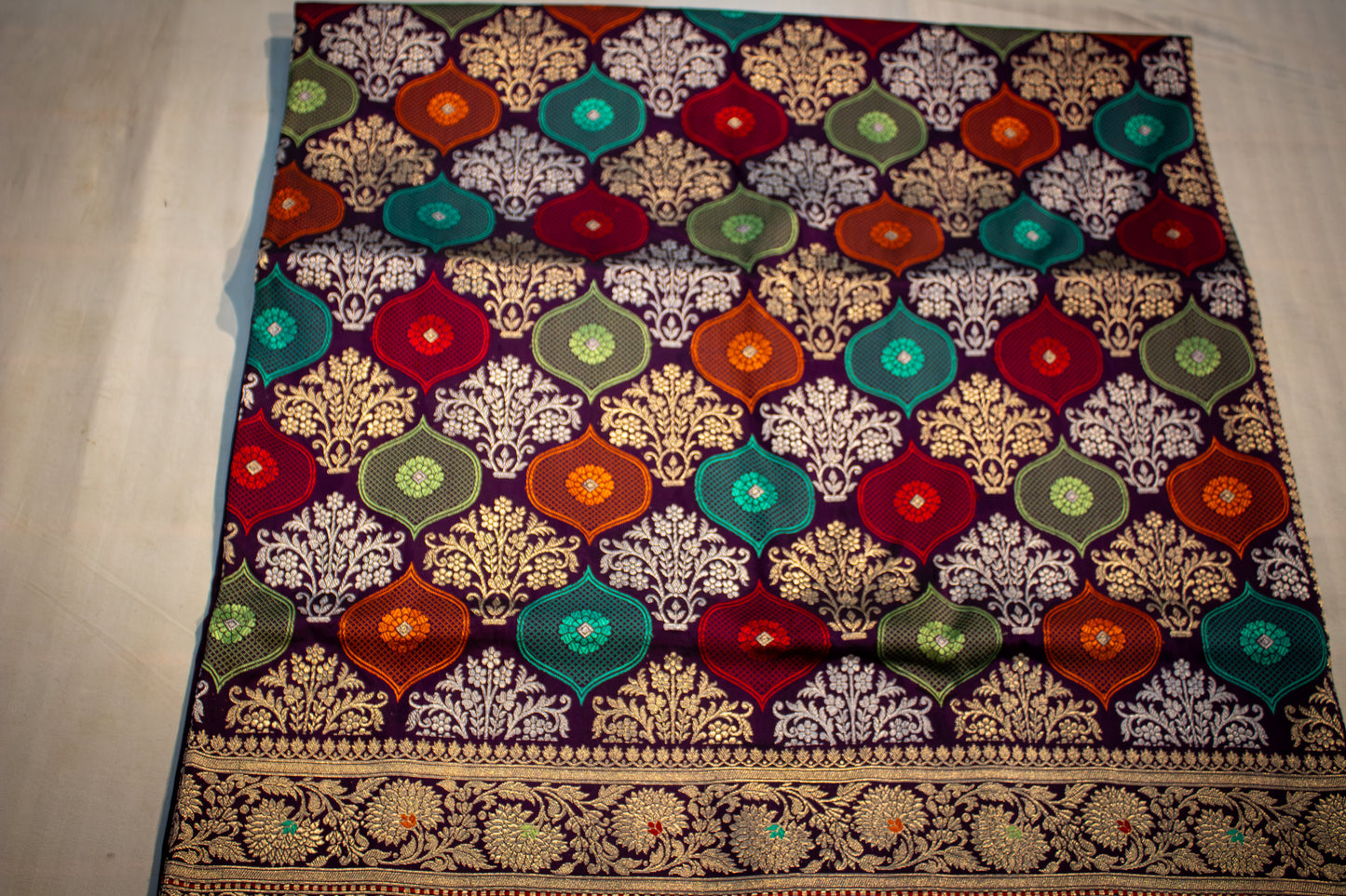 Banarasi Katan Silk Saree with Jangla Rangkaat Kadua Weave, Multicolour Design & Rich Zari Border