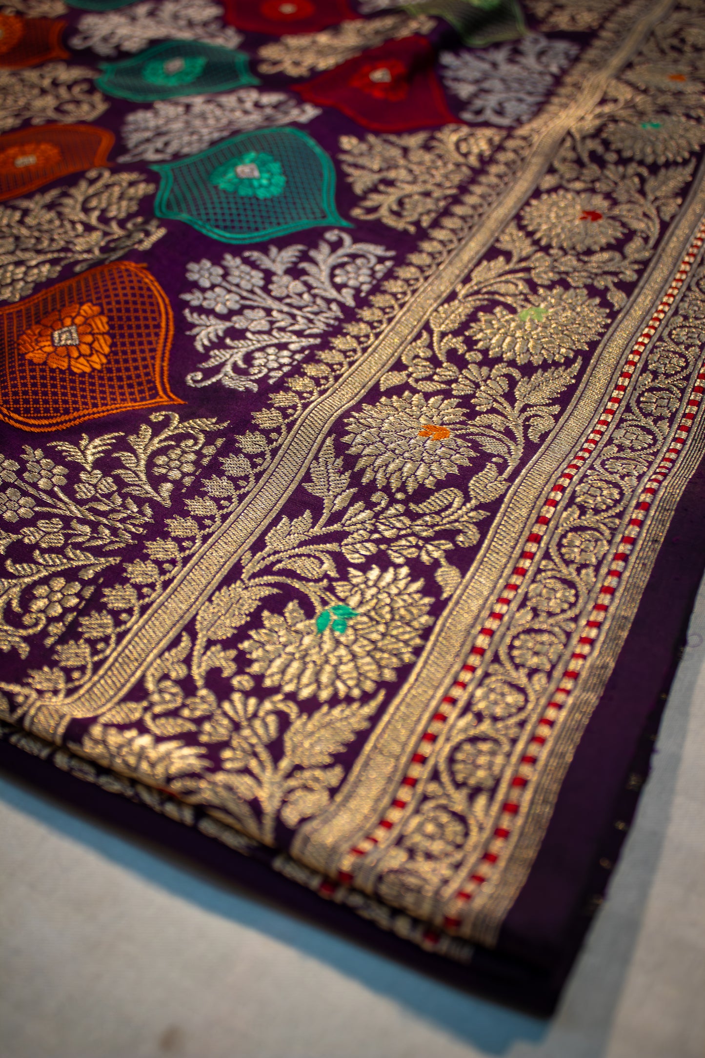 Banarasi Katan Silk Saree with Jangla Rangkaat Kadua Weave, Multicolour Design & Rich Zari Border