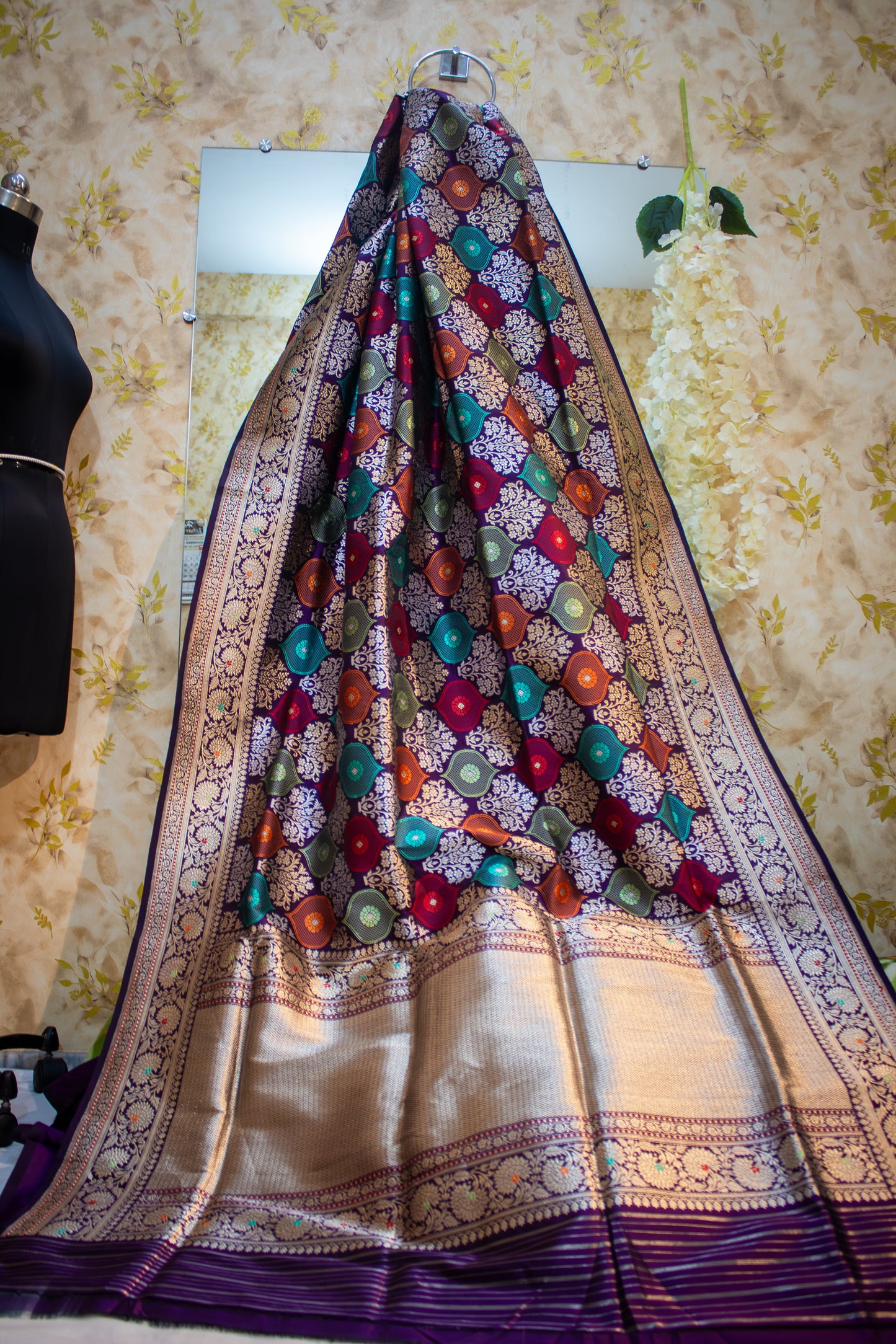 Banarasi Katan Silk Saree with Jangla Rangkaat Kadua Weave, Multicolour Design & Rich Zari Border