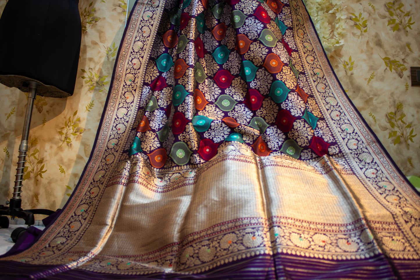Banarasi Katan Silk Saree with Jangla Rangkaat Kadua Weave, Multicolour Design & Rich Zari Border