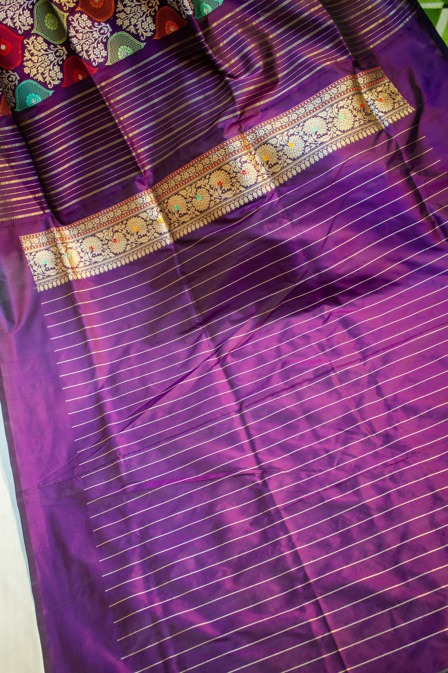 Banarasi Katan Silk Saree with Jangla Rangkaat Kadua Weave, Multicolour Design & Rich Zari Border